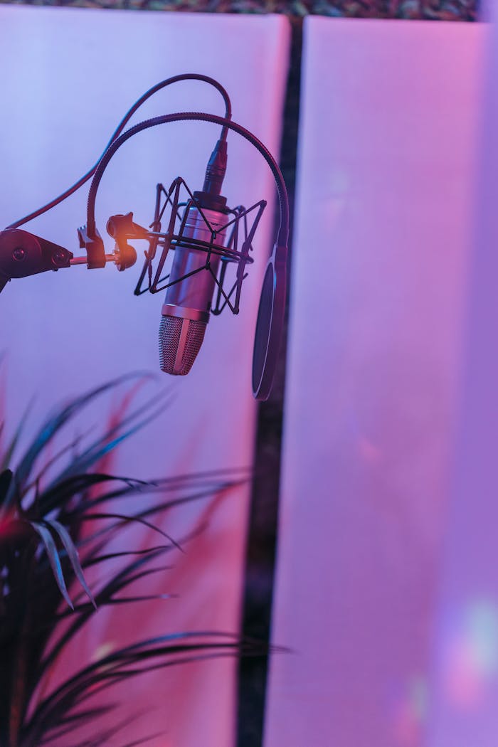 pexels-photo-8132516 Close-up of a professional microphone in a vibrant acoustic studio setting.
